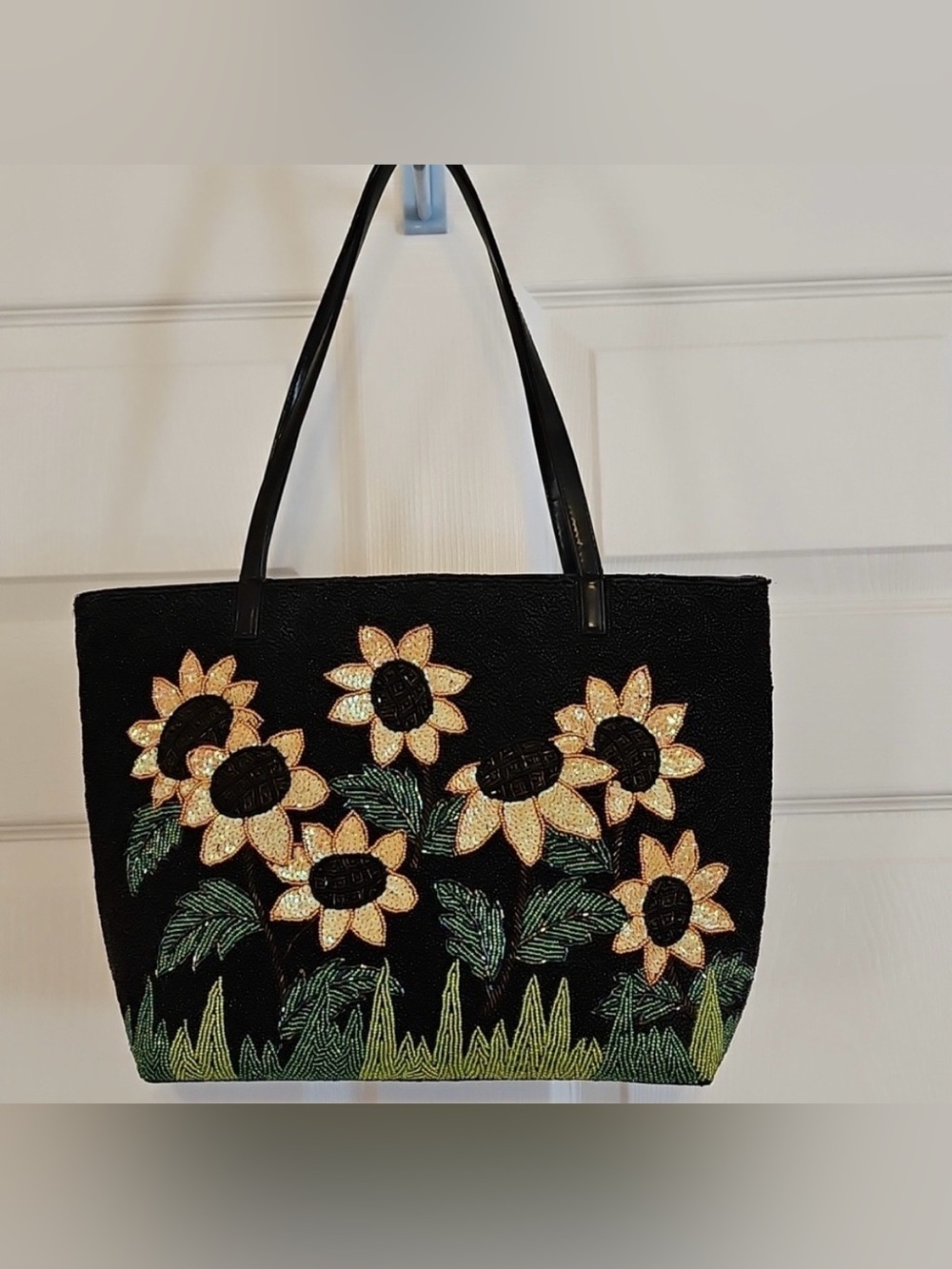 Black Sunflower Beaded Bag - Floral Beaded Design Shoulder Tote Purse